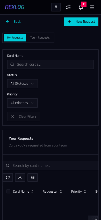 Card Request System - Nexlog Feature Screenshot (Mobile)