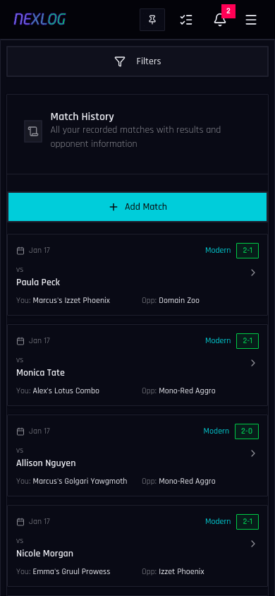 Complete Match History - Nexlog Feature Screenshot (Mobile)